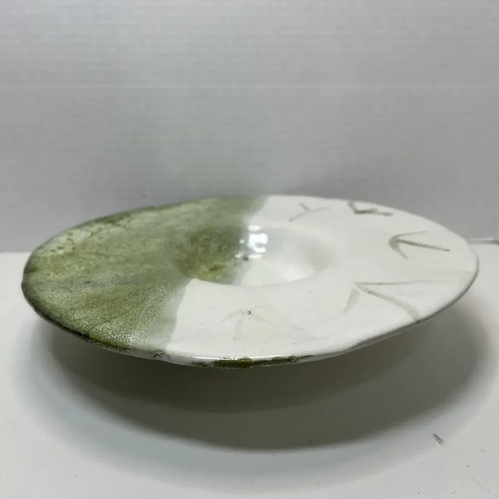 Studio Art Pottery Candle Holder Green White Lava Glaze Centerpiece Footed Sign